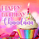 A vibrant birthday GIF featuring a rainbow-colored cupcake topped with white frosting, sprinkles, and a lit candle. The text reads 'Happy Birthday Chandana' in bold pink and violet letters with white outline.