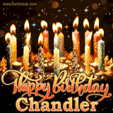 A glowing personalized birthday GIF with name Chandler featuring lit candles with intricate designs, warm lighting, and the text 'Happy Birthday' in an elegant font.