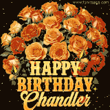 Animated bouquet of orange roses with moving butterfles and golden 'Happy Birthday Chandler' text, surrounded by sparkling accents and a dark backdrop for a luxurious feel.