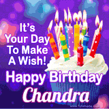 A colorful birthday GIF for Chandra featuring a cupcake with vibrant lit candles and the text 'It's Your Day to Make a Wish! Happy Birthday Chandra' in bold letters on a festive purple background.