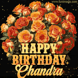 Animated bouquet of orange roses with moving butterfles and golden 'Happy Birthday Chandra' text, surrounded by sparkling accents and a dark backdrop for a luxurious feel.