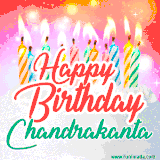 Bright birthday candles with rainbow flames on a cake, alongside the text 'Happy Birthday Chandrakanta' in vibrant script in this celebratory animated GIF.