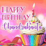 A vibrant birthday GIF featuring a rainbow-colored cupcake topped with white frosting, sprinkles, and a lit candle. The text reads 'Happy Birthday Chandrakanta' in bold pink and violet letters with white outline.