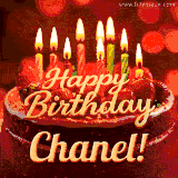 Beautifully decorated red velvet berry birthday cake with vibrant fruits and a glowing 'Chanel' name, adding a touch of sweetness and sparkle.
