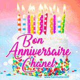 A white birthday cake covered in colorful sprinkles, topped with bright candles, and French text 'Bon Anniversaire Chanel' on a pastel gradient background in an animated GIF.
