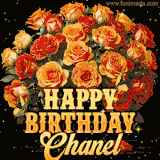 Animated bouquet of orange roses with moving butterfles and golden 'Happy Birthday Chanel' text, surrounded by sparkling accents and a dark backdrop for a luxurious feel.