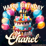 Bright birthday animation for Chanel with a chocolate cake, candles, balloons, and glowing celebratory lights.