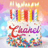 A cheerful white birthday cake with multicolor sprinkles, lit candles, and 'Chanel' written in vibrant letters, in an animated GIF.