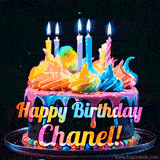 A mesmerizing animated cake with multicolor frosting and candles, and the words 'Happy Birthday Chanel' on the black background.