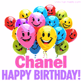 Animated colorful and joyful birthday balloons with cheerful smiles and a bright 'Happy Birthday Chanel!' message in pink and purple.