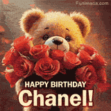 Cinematic style cute animated teddy bear with charming features holding a large bouquet of red roses, the words say 'Happy Birthday Chanel' in sans serif font.