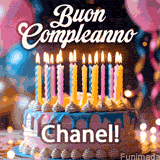 Birthday cake topped with pink and yellow lit candles, surrounded by glowing bokeh lights and party balloons. The greeting 'Buon Compleanno Chanel GIF!' is displayed.