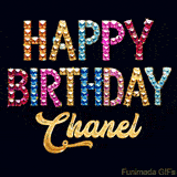 Vibrant luxury birthday greeting card for Chanel, showing glittering gemstone letters and golden calligraphy on a dark background with twinkling shine effects.