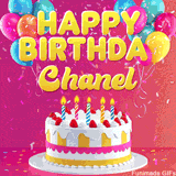 Pink-themed animated greeting with balloons, confetti, and a frosted cake under the message 'Happy Birthday Chanel' in bold rounded yellow font.