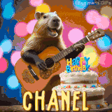 Animated birthday GIF showing a capybara playing guitar and singing beside a birthday cake with the name Chanel in large letters and colorful bokeh lights in the background.