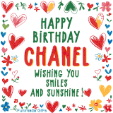 A colorful animated card for Chanel’s birthday featuring playful hearts, cheerful flowers, and a handwritten message wishing smiles and sunshine.