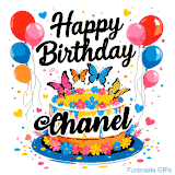An animated birthday card for Chanel. It features a festive cake with her name, 'Chanel', and colorful butterflies. Floating balloons and hearts complete the joyful scene.