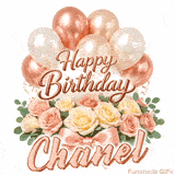 Classy Happy Birthday Chanel looping GIF with pastel balloons and greenery