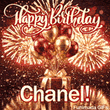 Shimmering birthday animation for Chanel featuring metallic balloons, a gold-bowed gift, and fireworks.