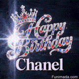 Custom birthday GIF for Chanel showing glittering diamond-encrusted letters and a royal crown on a dark starry background.