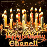 A glowing personalized birthday GIF with name Chanell featuring lit candles with intricate designs, warm lighting, and the text 'Happy Birthday' in an elegant font.