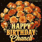 Animated bouquet of orange roses with moving butterfles and golden 'Happy Birthday Chanell' text, surrounded by sparkling accents and a dark backdrop for a luxurious feel.