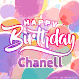 A vibrant name GIF featuring colorful balloons in shades of pink, orange, and yellow with the bold text 'Happy Birthday Chanell' in festive fonts, creating a lively birthday vibe.