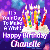 A colorful birthday GIF for Chanelle featuring a cupcake with vibrant lit candles and the text 'It's Your Day to Make a Wish! Happy Birthday Chanelle' in bold letters on a festive purple background.