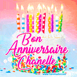 A white birthday cake covered in colorful sprinkles, topped with bright candles, and French text 'Bon Anniversaire Chanelle' on a pastel gradient background in an animated GIF.