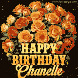 Animated bouquet of orange roses with moving butterfles and golden 'Happy Birthday Chanelle' text, surrounded by sparkling accents and a dark backdrop for a luxurious feel.