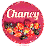 Beautifully decorated red velvet berry birthday cake with vibrant fruits and a glowing 'Chaney' name, adding a touch of sweetness and sparkle.