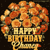 Animated bouquet of orange roses with moving butterfles and golden 'Happy Birthday Chaney' text, surrounded by sparkling accents and a dark backdrop for a luxurious feel.