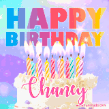 A vibrant animated name GIF with the words 'Happy Birthday Chaney' with colorful candles on a creamy cake. The background sparkles with pastel shades, adding a festive touch.