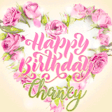 A stunning heart made of pink roses surrounds the elegant script text 'Happy Birthday Chaney' on a soft beige background. Animated sparkles add a magical and festive feel.