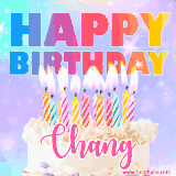 A vibrant animated name GIF with the words 'Happy Birthday Chang' with colorful candles on a creamy cake. The background sparkles with pastel shades, adding a festive touch.
