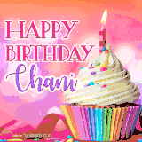 A vibrant birthday GIF featuring a rainbow-colored cupcake topped with white frosting, sprinkles, and a lit candle. The text reads 'Happy Birthday Chani' in bold pink and violet letters with white outline.