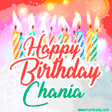 Bright birthday candles with rainbow flames on a cake, alongside the text 'Happy Birthday Chania' in vibrant script in this celebratory animated GIF.