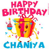 A vibrant and funny gift box character with a happy face dancing with a cupcake and the text 'Happy Birthday Chaniya,' surrounded by animated confetti and party vibes.