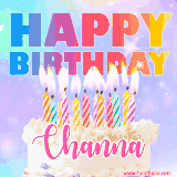 A vibrant animated name GIF with the words 'Happy Birthday Channa' with colorful candles on a creamy cake. The background sparkles with pastel shades, adding a festive touch.