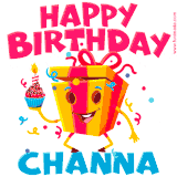 A vibrant and funny gift box character with a happy face dancing with a cupcake and the text 'Happy Birthday Channa,' surrounded by animated confetti and party vibes.