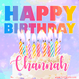 A vibrant animated name GIF with the words 'Happy Birthday Channah' with colorful candles on a creamy cake. The background sparkles with pastel shades, adding a festive touch.