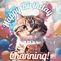 Happy birthday gif for Channing with cat and cake