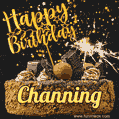 Celebrate Channing's birthday with a GIF featuring chocolate cake, a lit sparkler, and golden stars