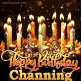 A glowing personalized birthday GIF with name Channing featuring lit candles with intricate designs, warm lighting, and the text 'Happy Birthday' in an elegant font.