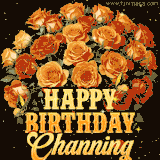 Animated bouquet of orange roses with moving butterfles and golden 'Happy Birthday Channing' text, surrounded by sparkling accents and a dark backdrop for a luxurious feel.