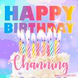 A vibrant animated name GIF with the words 'Happy Birthday Channing' with colorful candles on a creamy cake. The background sparkles with pastel shades, adding a festive touch.