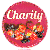 Beautifully decorated red velvet berry birthday cake with vibrant fruits and a glowing 'Charity' name, adding a touch of sweetness and sparkle.