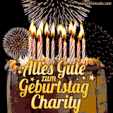 A chocolate birthday cake with glowing candles, the German text 'Alles Gute zum Geburtstag Charity,' and vibrant fireworks lighting up the background in an animated GIF.