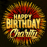 Golden 'Happy Birthday Charity' text accompanied by animated rainbow fireworks for a festive animated greeting.