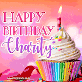 A vibrant birthday GIF featuring a rainbow-colored cupcake topped with white frosting, sprinkles, and a lit candle. The text reads 'Happy Birthday Charity' in bold pink and violet letters with white outline.